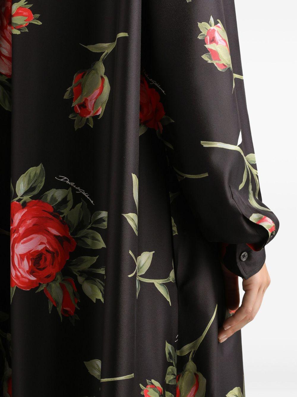 DOLCE e GABBANA Abito lungo nero in seta con stampa floreale 