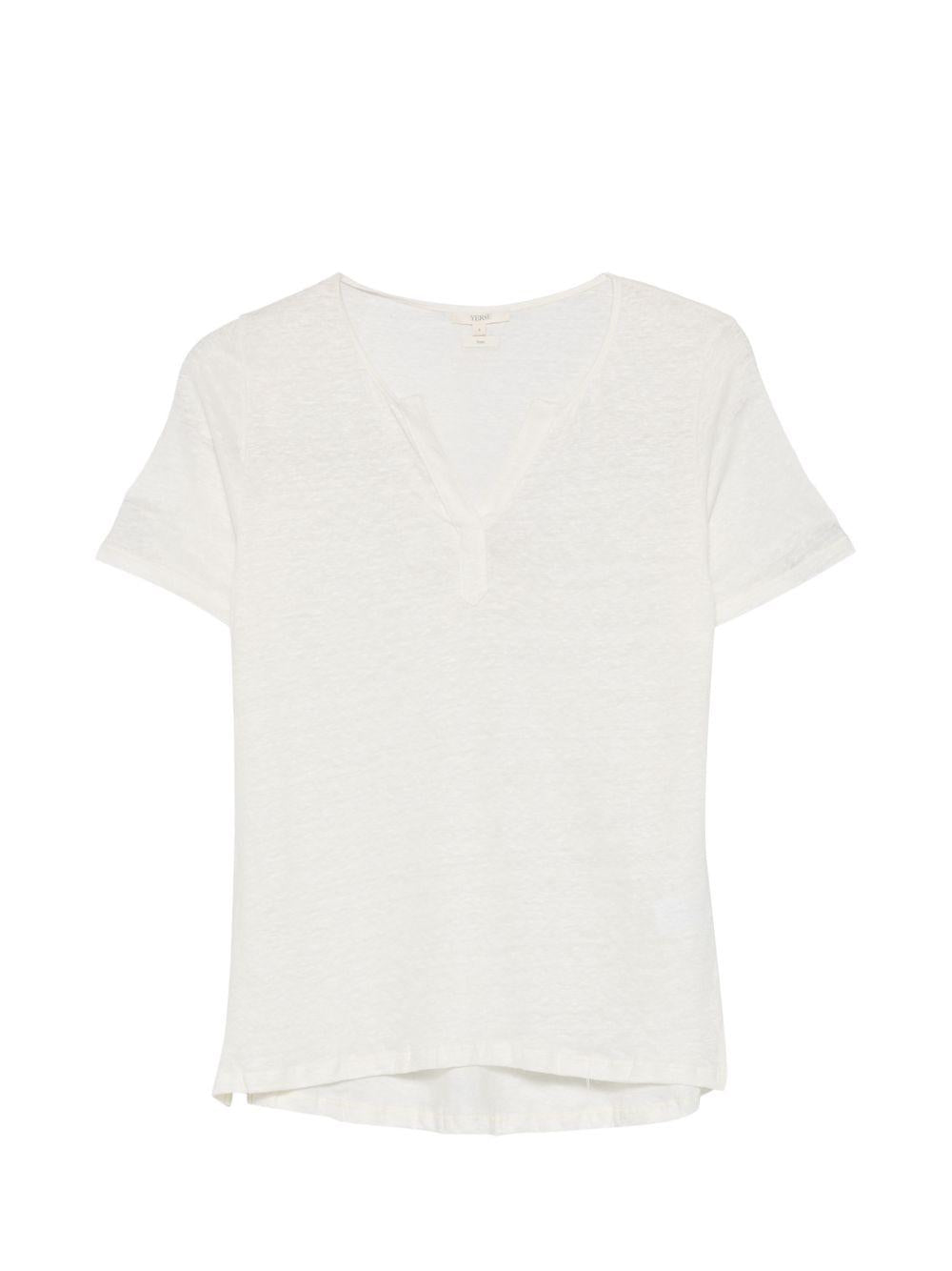 YERSE T-shirt Dunas in lino ecrù con scollo a V 