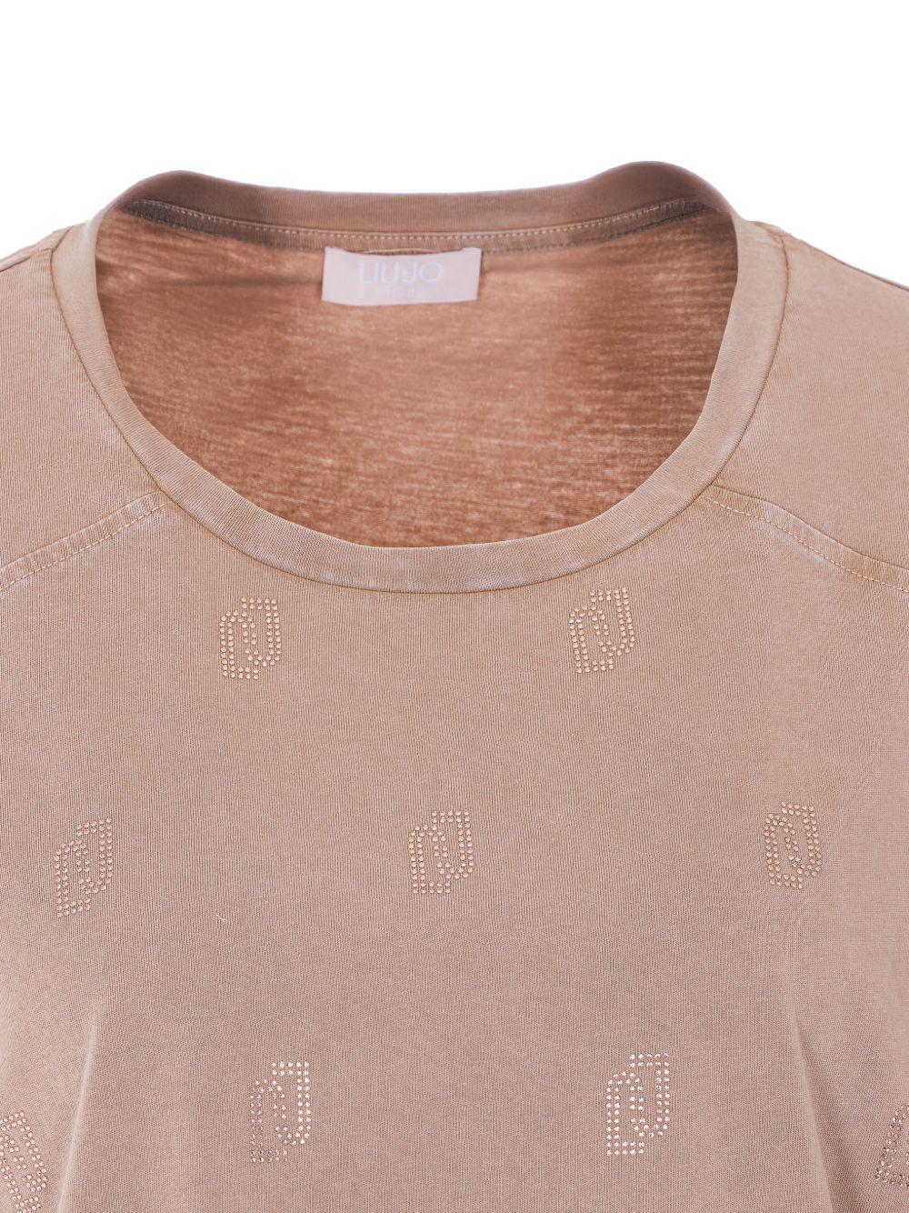 LIUJO T-shirt rosa in cotone a collo rotondo 