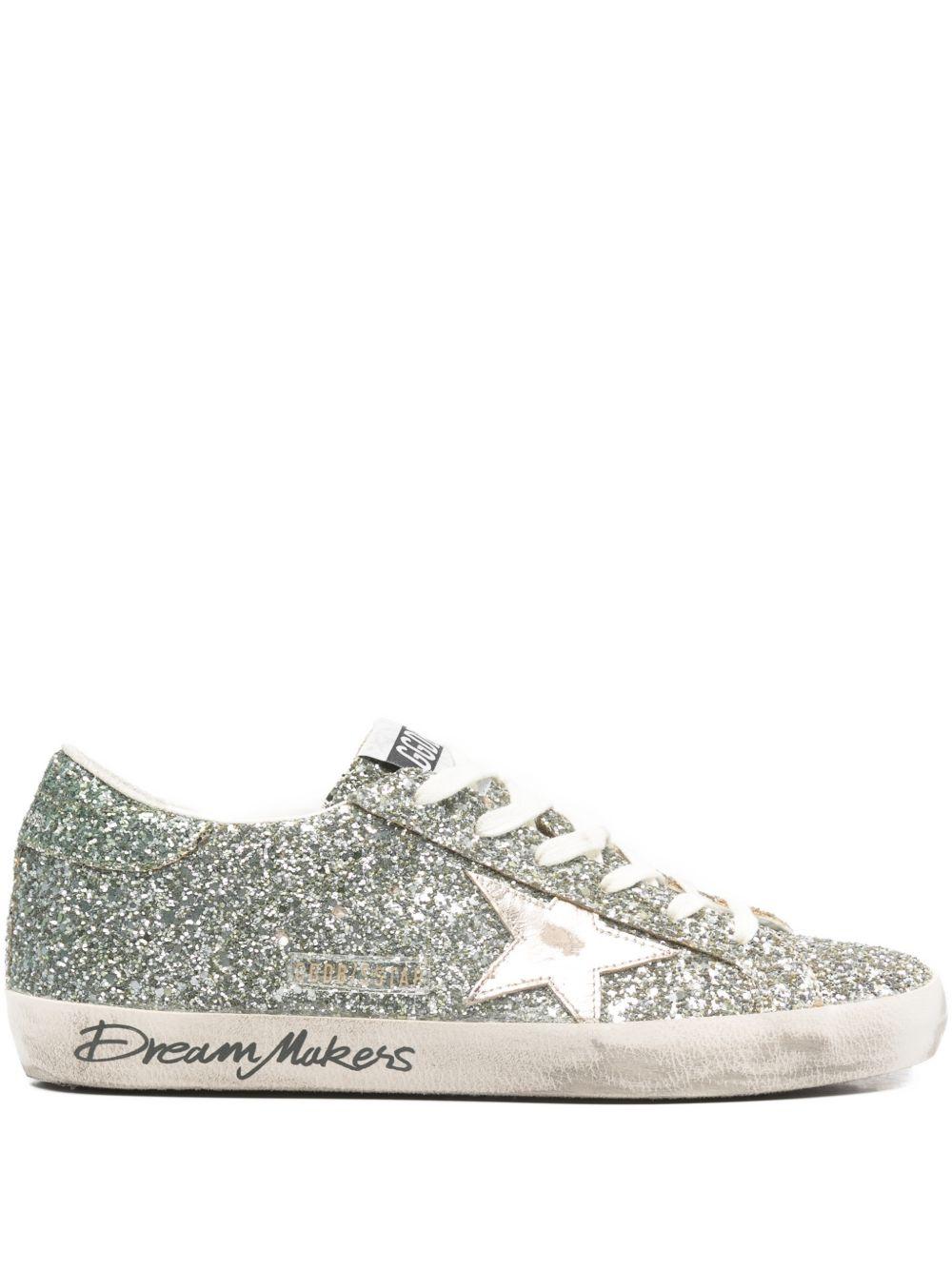 GOLDEN GOOSE Sneakers Super-Star in glitter argento con stella in suede grigio ghiaccio 