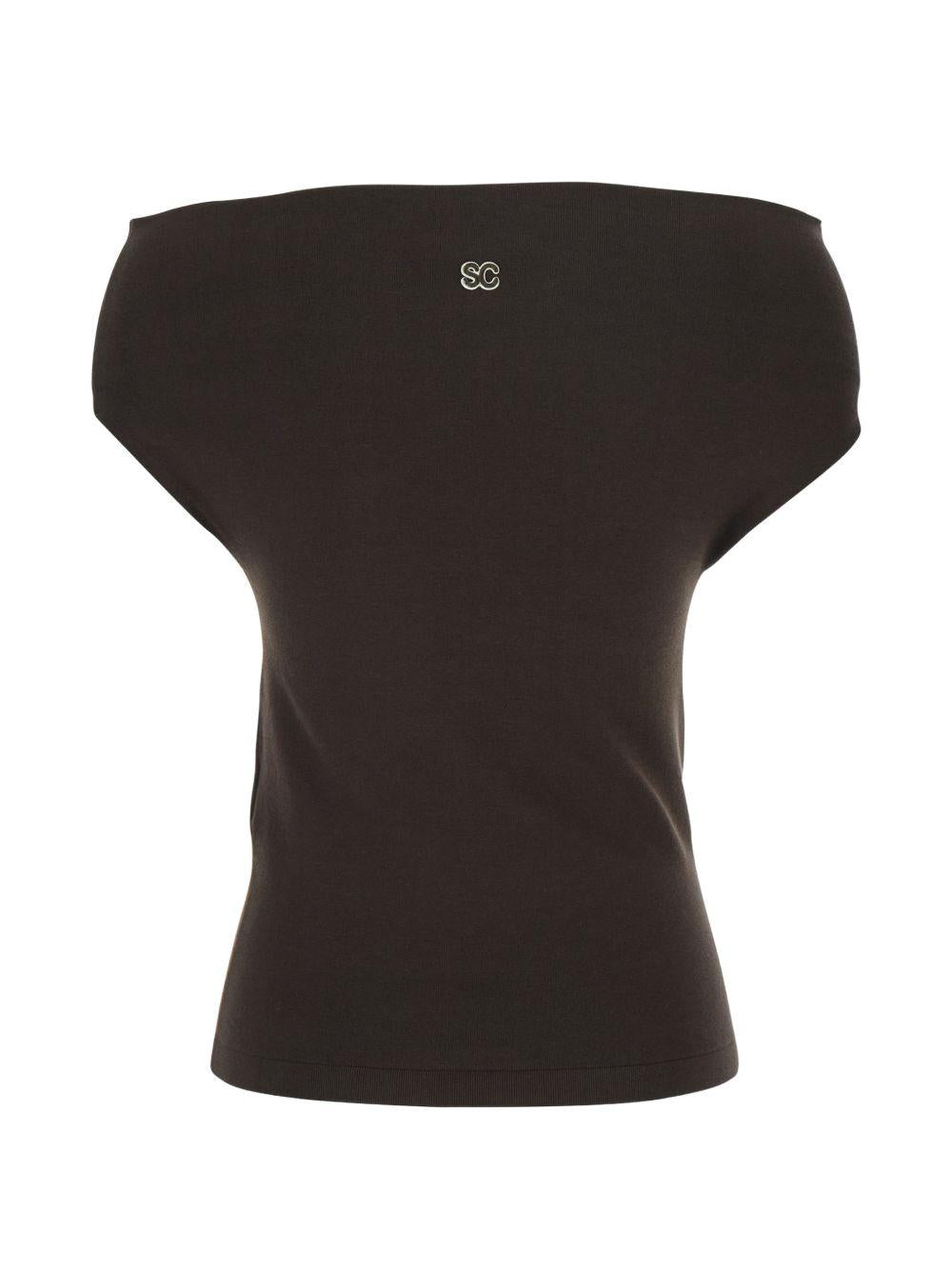SEMICOUTURE Maglia Angels con scollo bardot in cotone marrone 