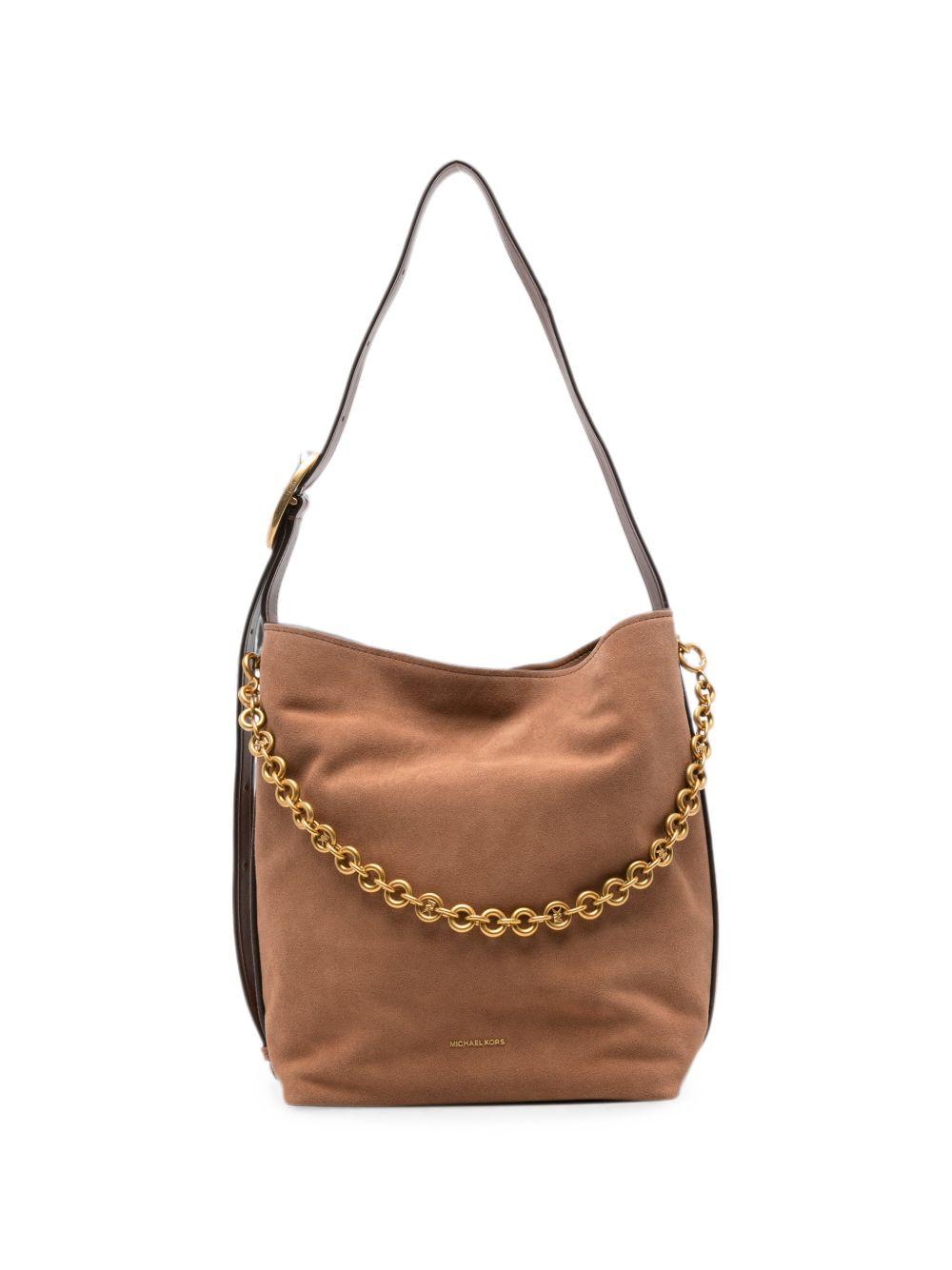 MICHAEL KORS Borsa bucket in pelle scamosciata marrone con catena dorata 