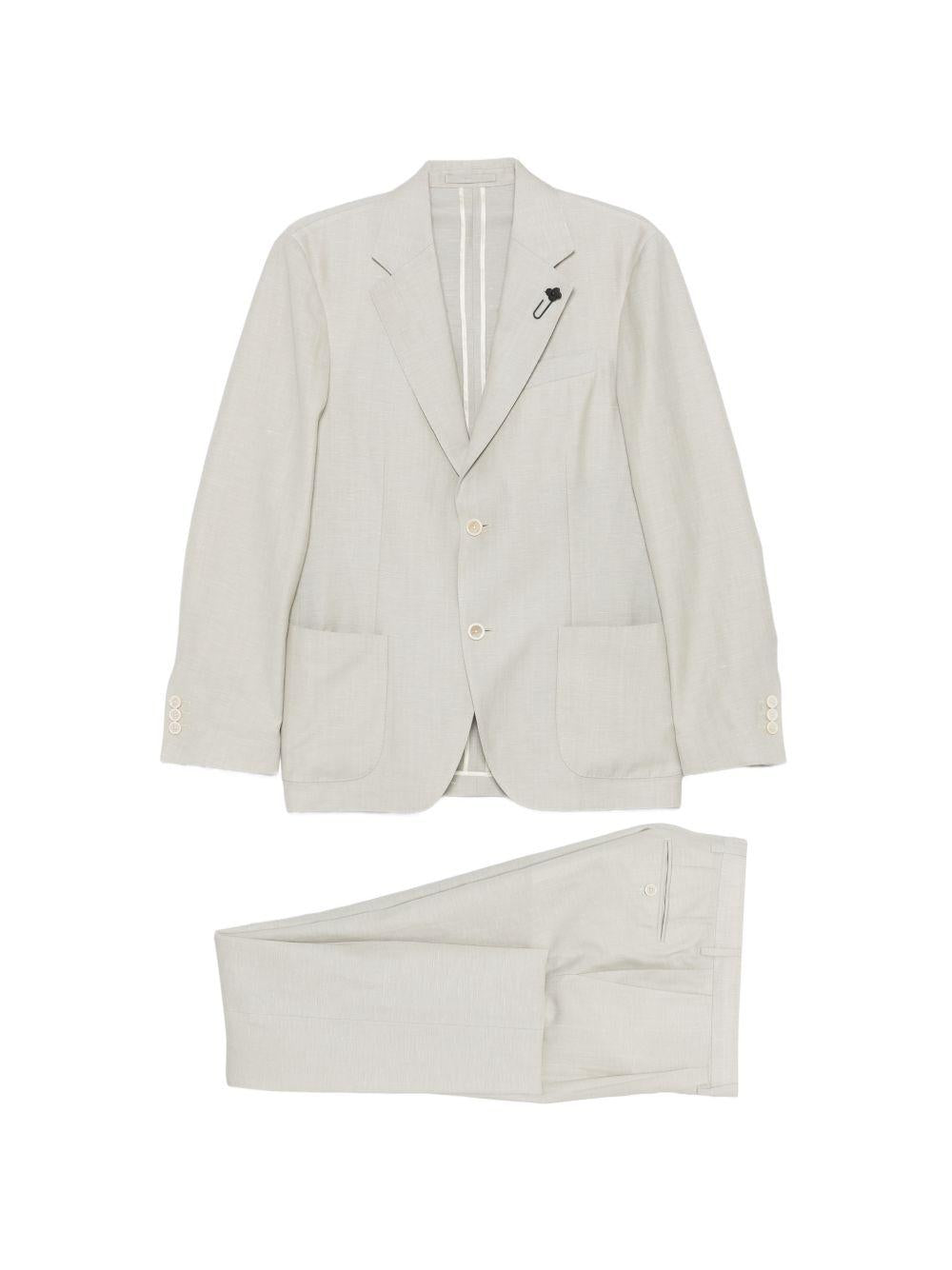 LARDINI Completo in lino grigio con giacca monopetto e spilla 