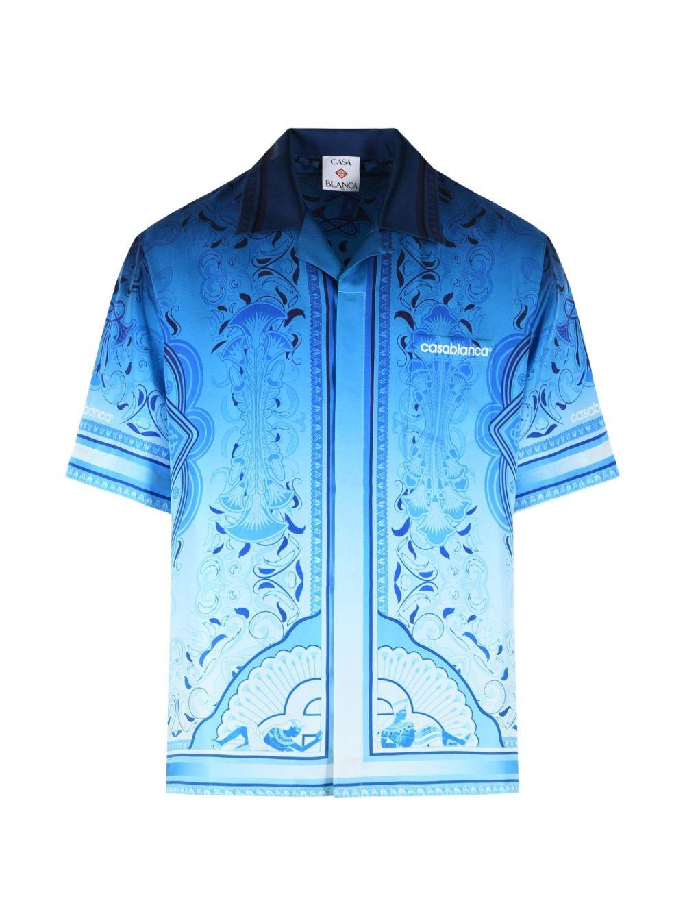 CASABLANCA Camicia Egyptian Rug in seta azzurra con stampa egiziana 