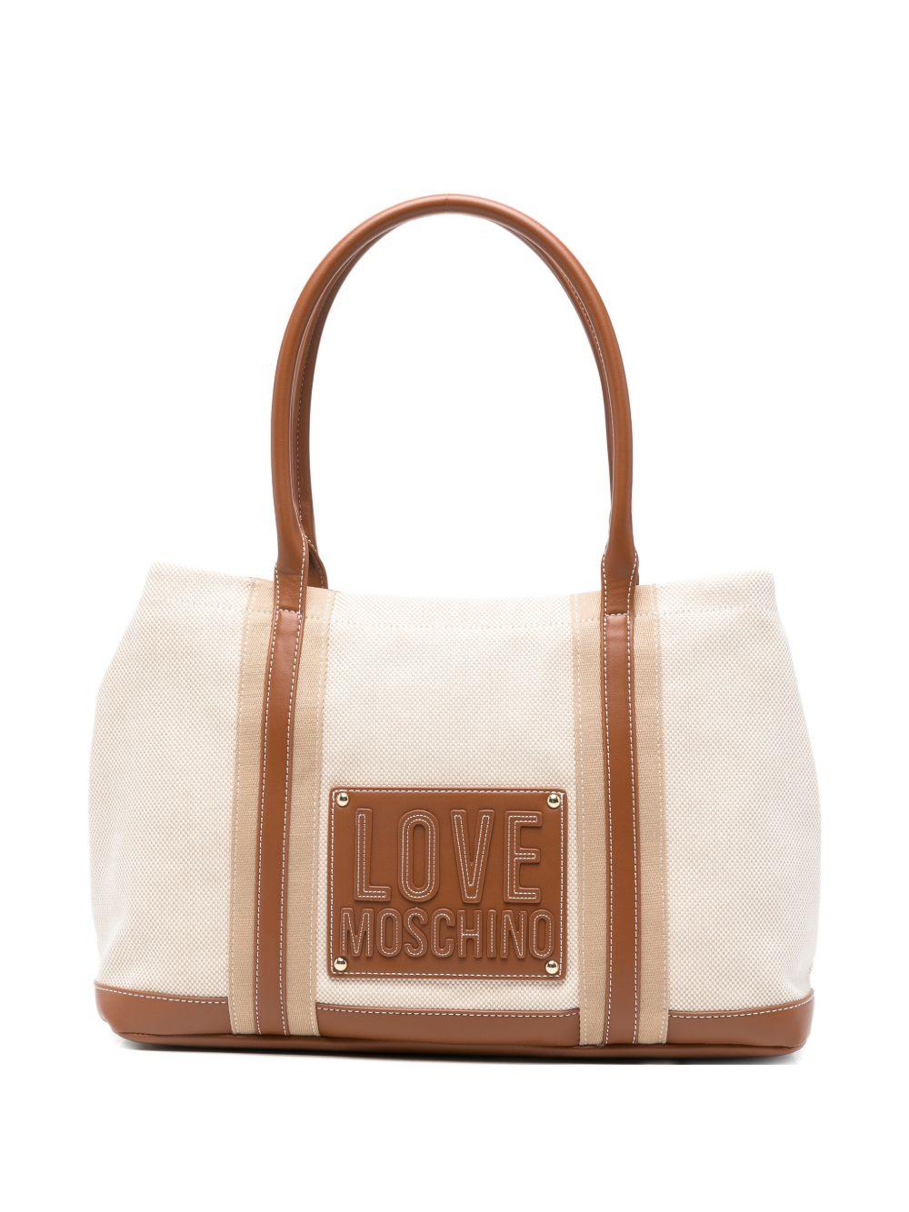 LOVE MOSCHINO Borsa shopping in cotone beige con logo impresso 