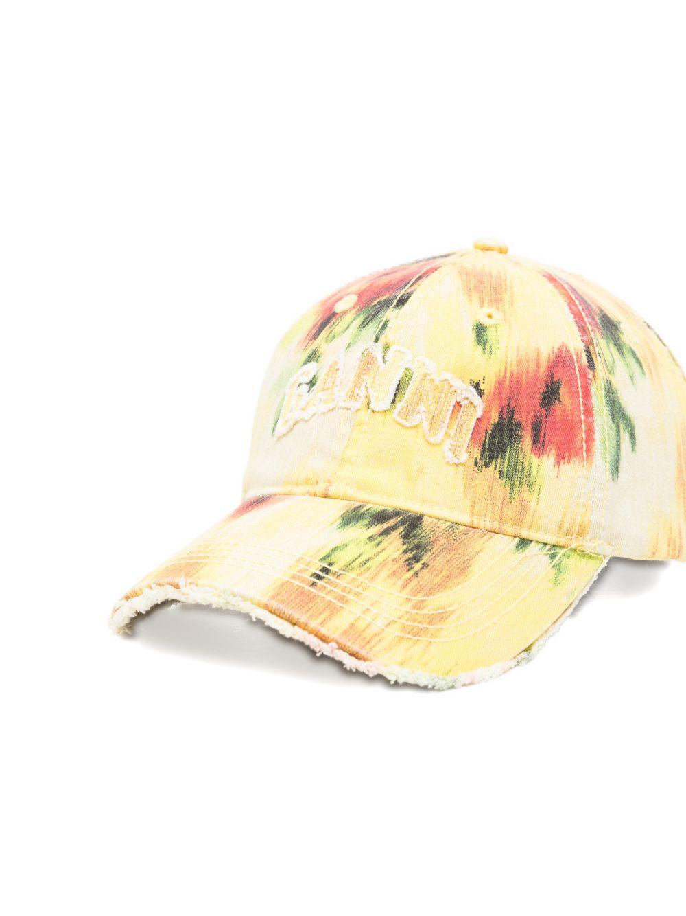 GANNI Cappello da baseball in cotone giallo con stampa florale 