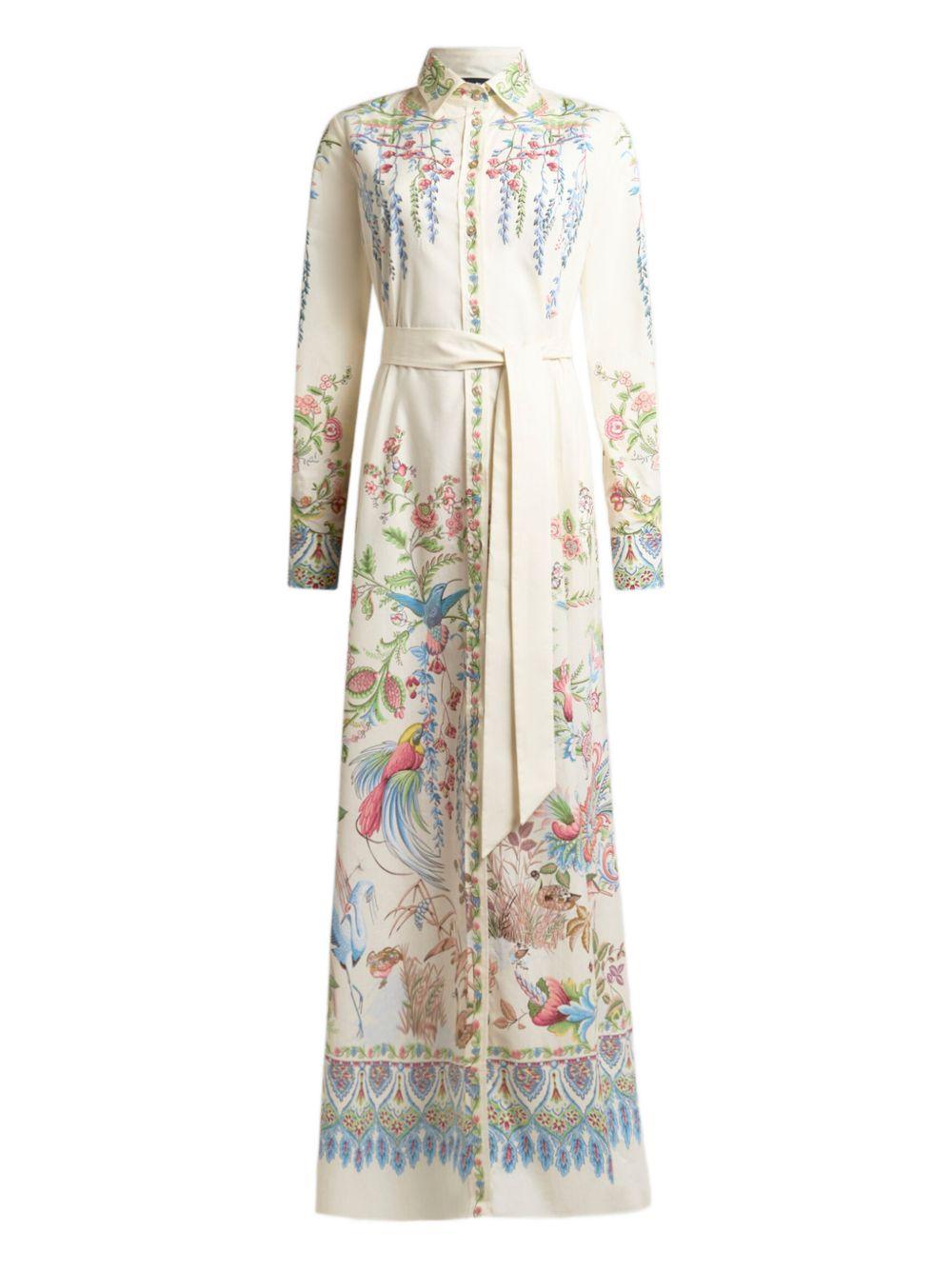 ETRO Abito lungo chemisier in cotone con stampa multicolore con cintura in vita 