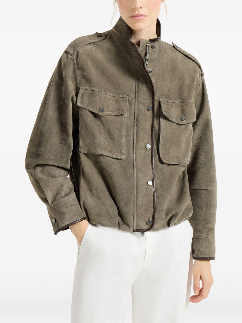 BRUNELLO CUCINELLI Giacca verde in suede con zip e bottoni 
