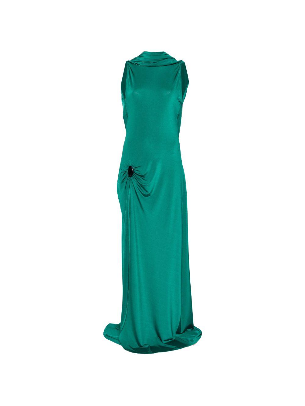 RAQUEL DINIZ Vestito lungo verde senza maniche con drappeggio 