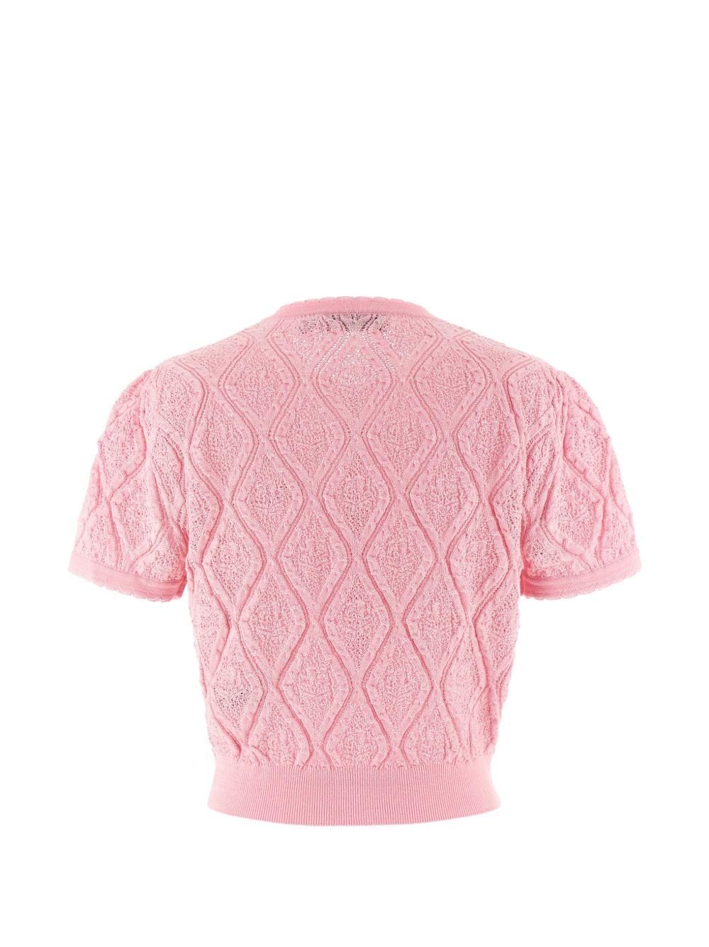 SELF PORTRAIT Cardigan corto rosa con ricamo fiori e logo 