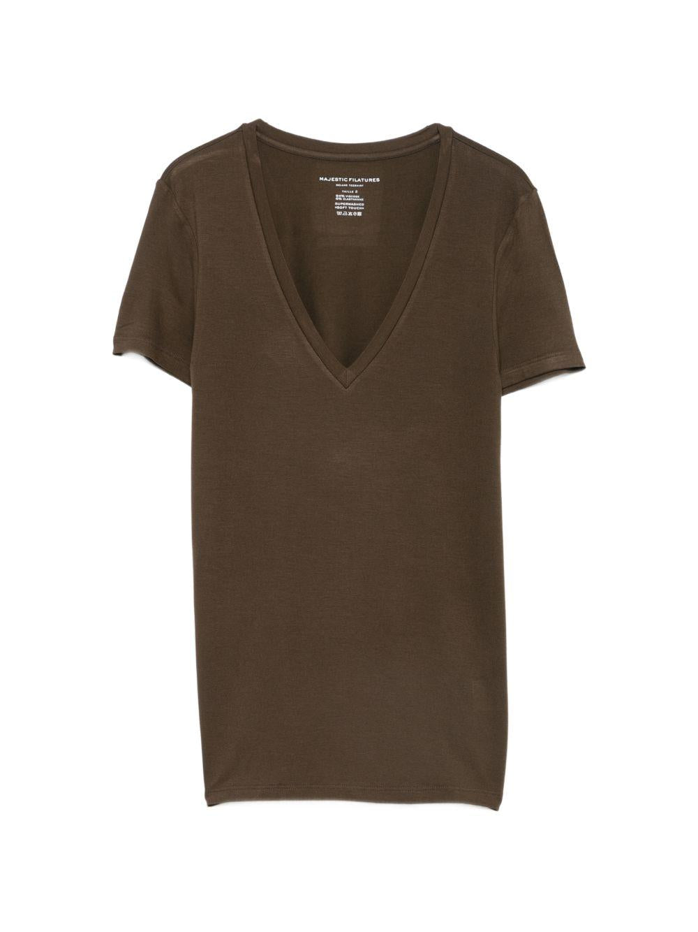 MAJESTIC FILATURES T-shirt marrone a maniche corte con scollo a V profondo 