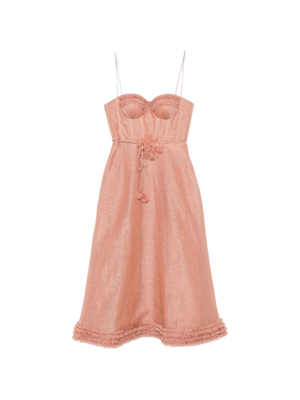 ZIMMERMANN Abito midi rosa in lino misto seta con corpetto a bustino 