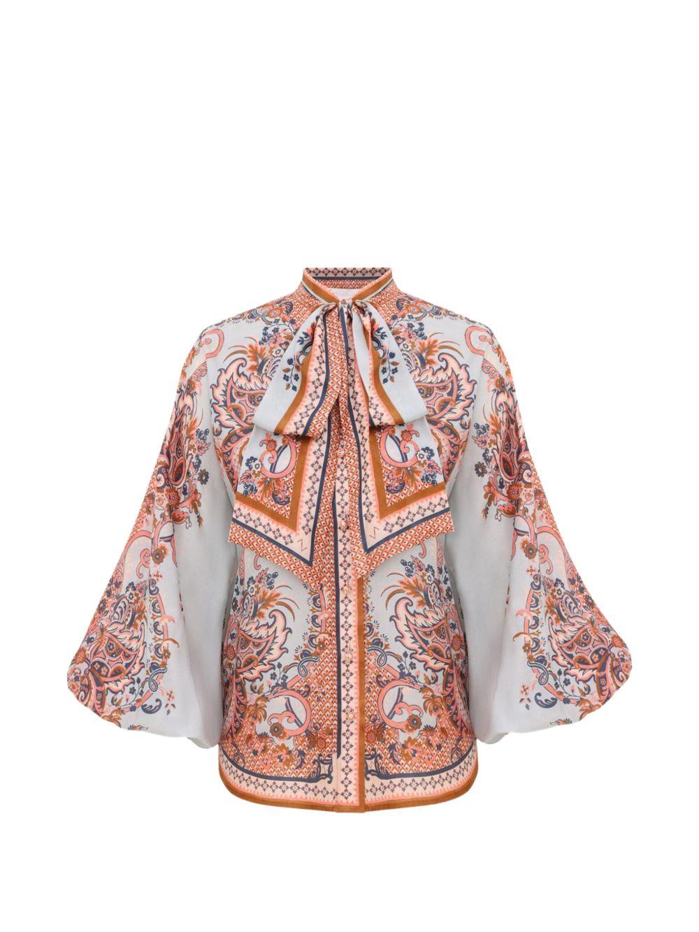 ZIMMERMANN Blusa Aster con fiocco al collo in seta stampa paisley blu 
