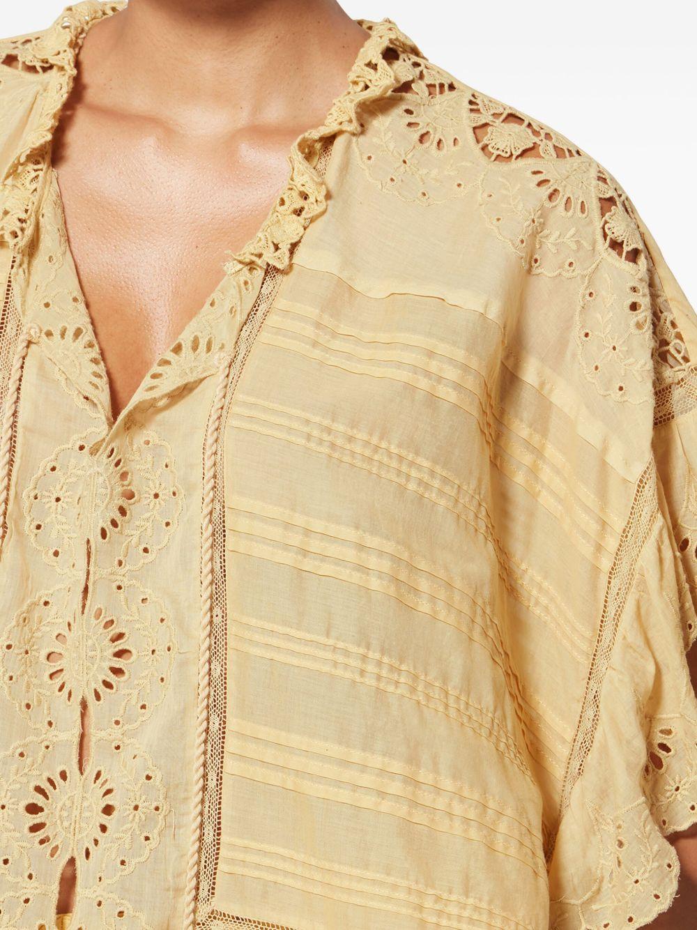 MARANT ETOILE Top Payton in stile caftano in cotone e pizzo floreale giallo 