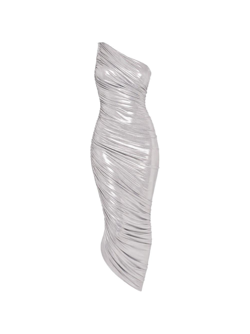 NORMA KAMALI Abito midi Diana Gown argento drappeggiato monospalla 