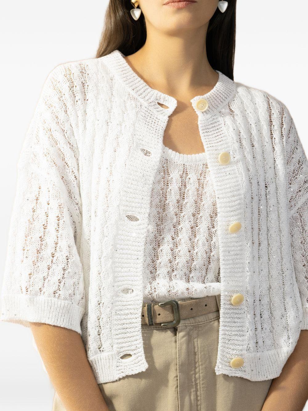 BRUNELLO CUCINELLI Cardigan in lino bianco con trecce e paillettes 