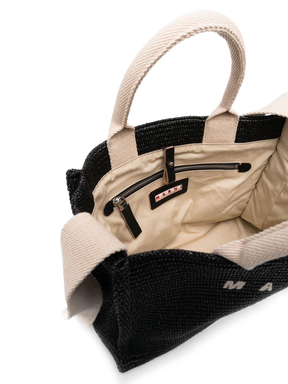 MARNI Borsa tote in rafia nera con logo 