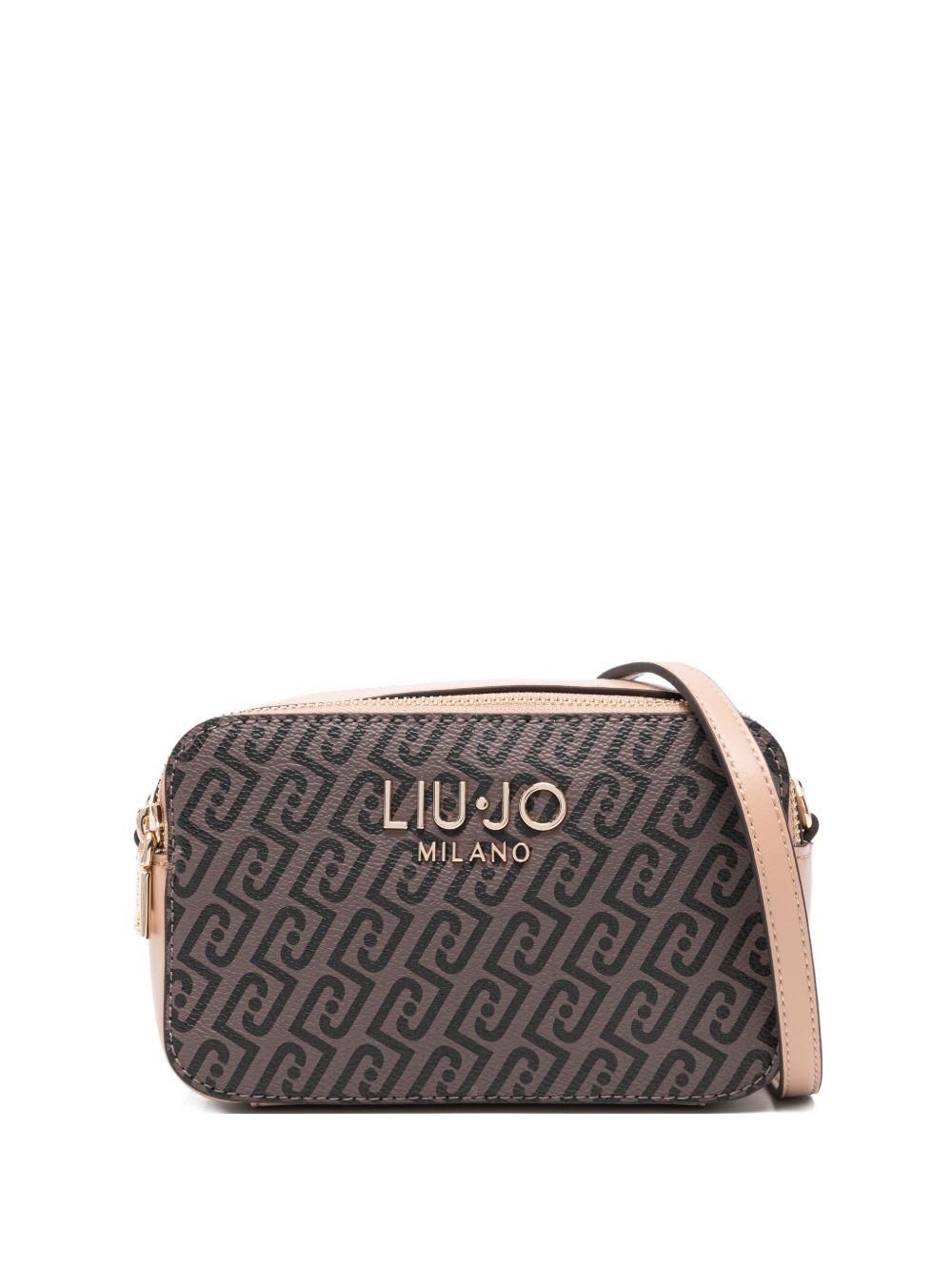 LIUJO Borsa a tracolla marrone e rosa con placca logo dorata 