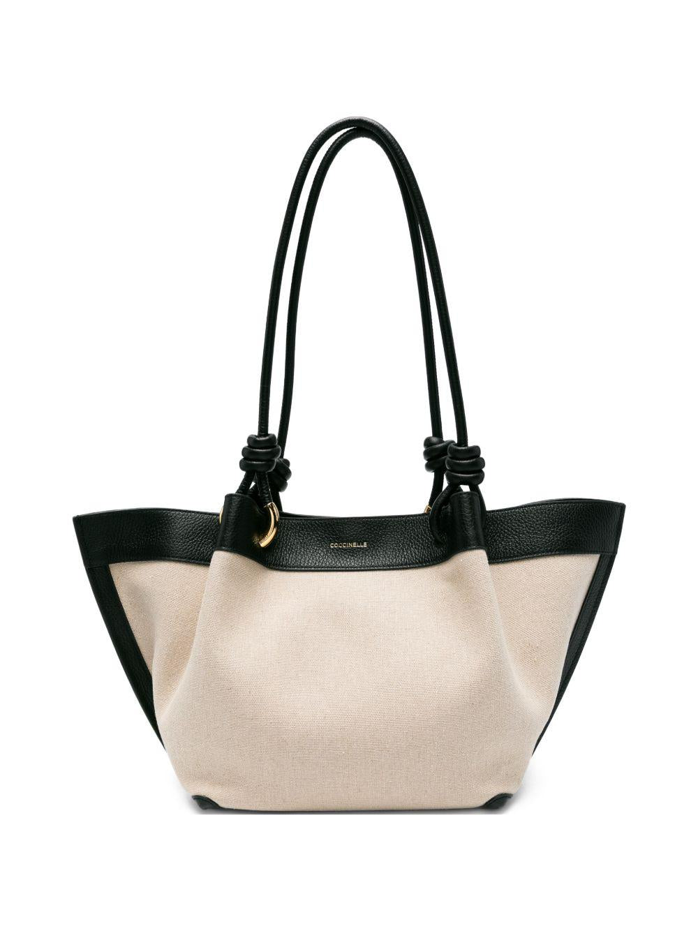 COCCINELLE Borsa a spalla in lino ed ecopelle nera 