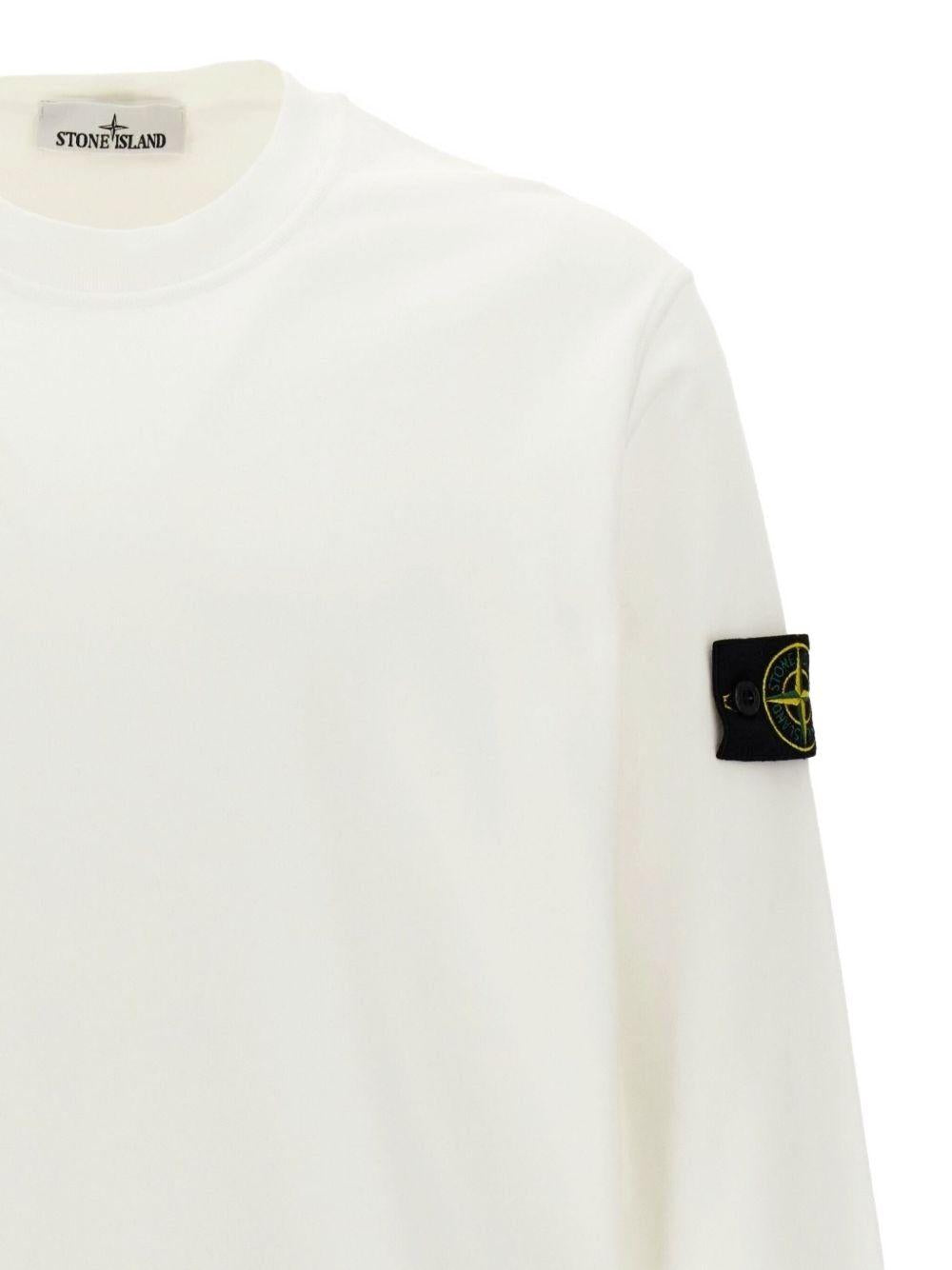 STONE ISLAND Felpa in cotone bianco girocollo con patch logo 