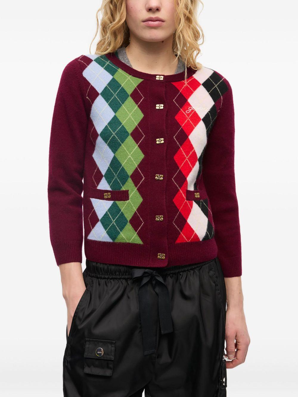 GANNI Cardigan in misto lana bordeaux con rombi 