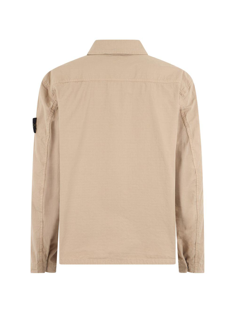 STONE ISLAND Camicia in cotone beige con zip e tasche 