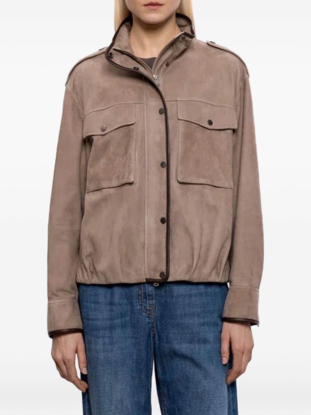 BRUNELLO CUCINELLI Giacca in suede marrone con spalline e tasche 
