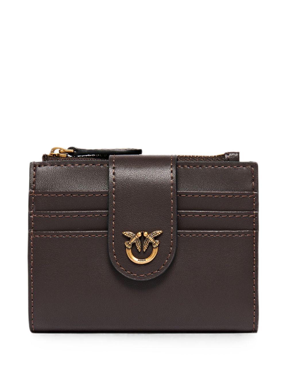 PINKO Portafoglio Multi Purpose in pelle marrone con bottone e zip 