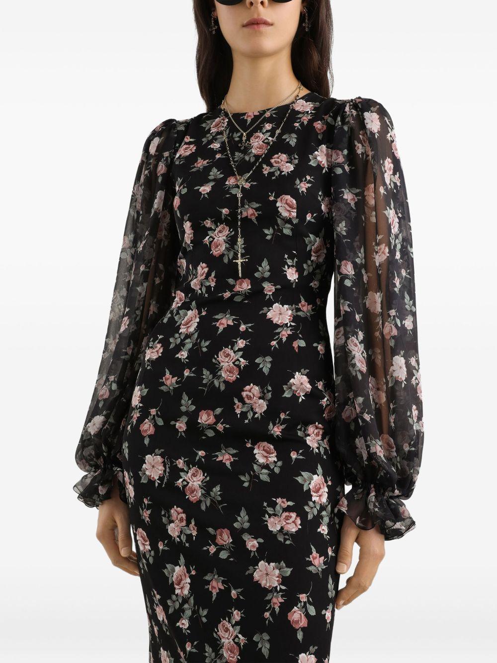 DOLCE e GABBANA Abito midi nero aderente con stampa floreale 