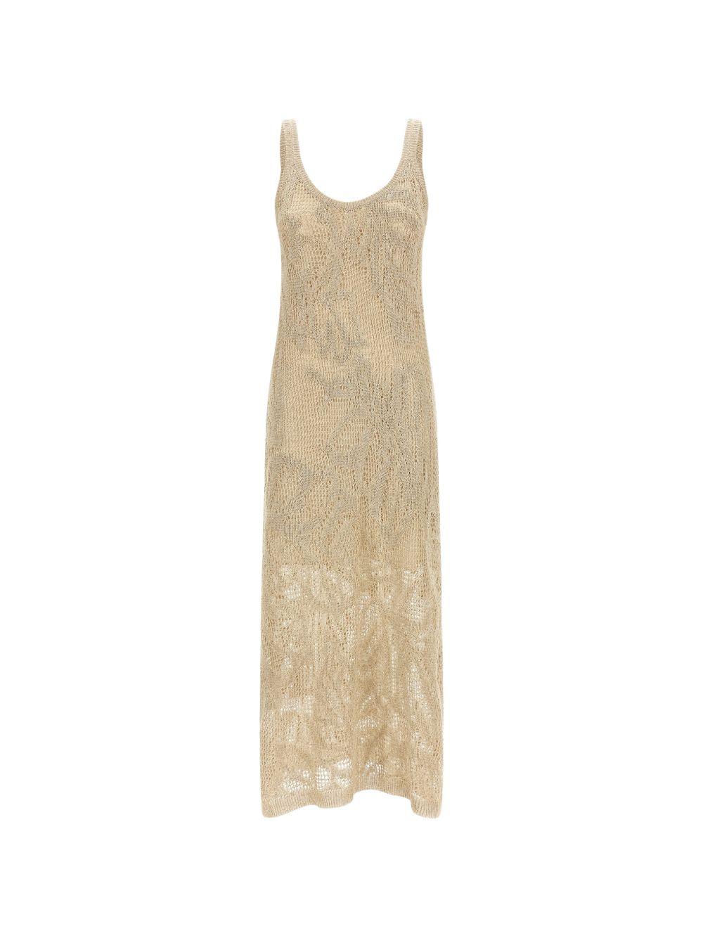 BRUNELLO CUCINELLI Abito midi in crochet in lino misto cotone beige 