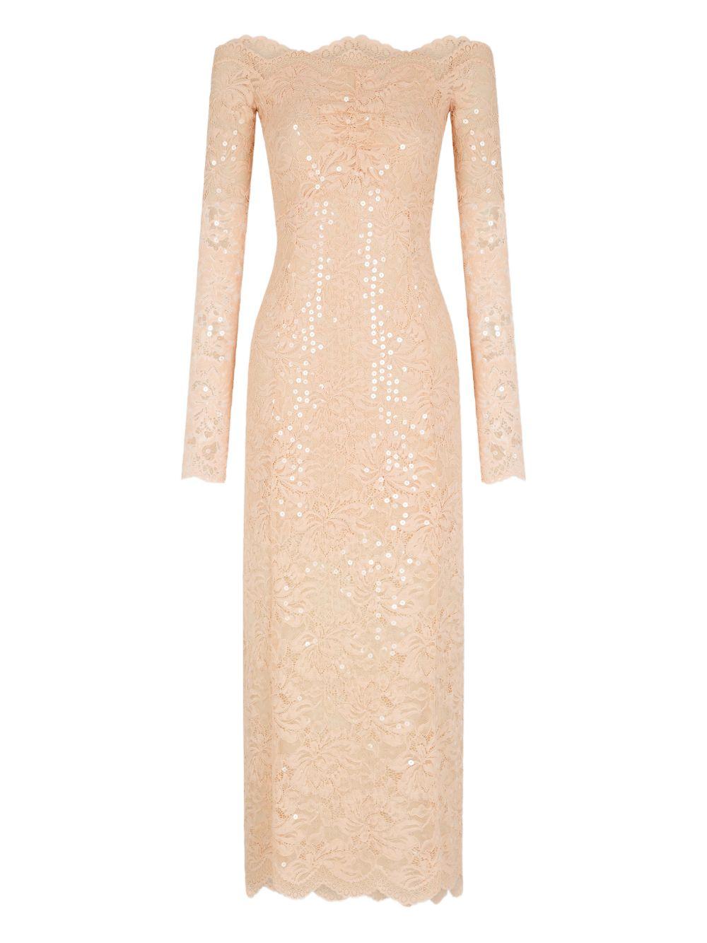 RABANNE Abito midi in pizzo rosa con strass 