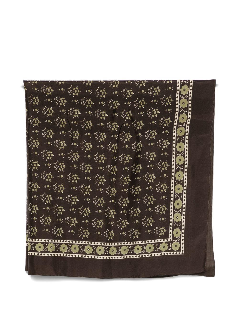 SOEUR Foulard in seta marrone con stampa fiori 