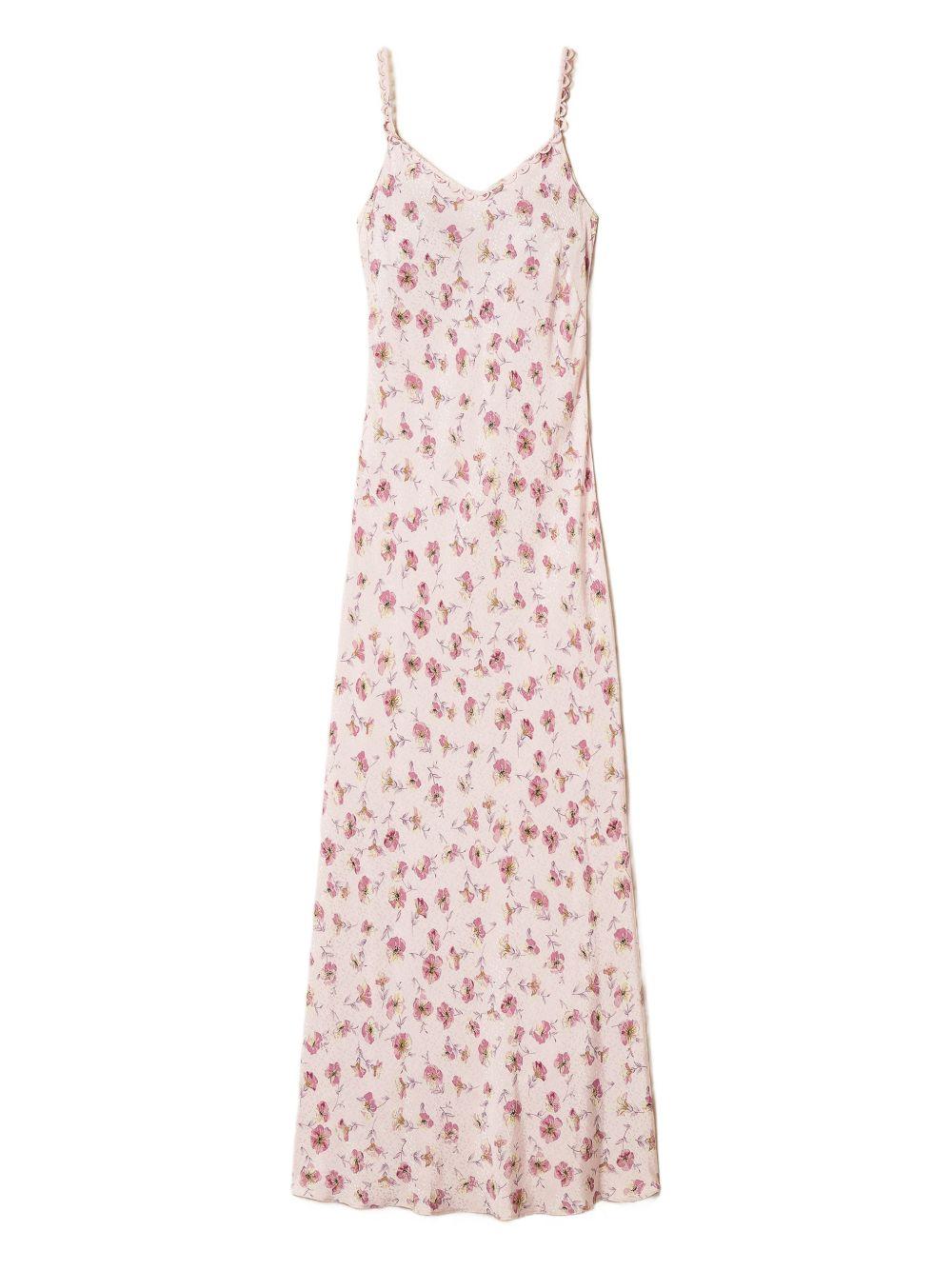 TWINSET Abito lungo color panna a fiori rossi con spalline 