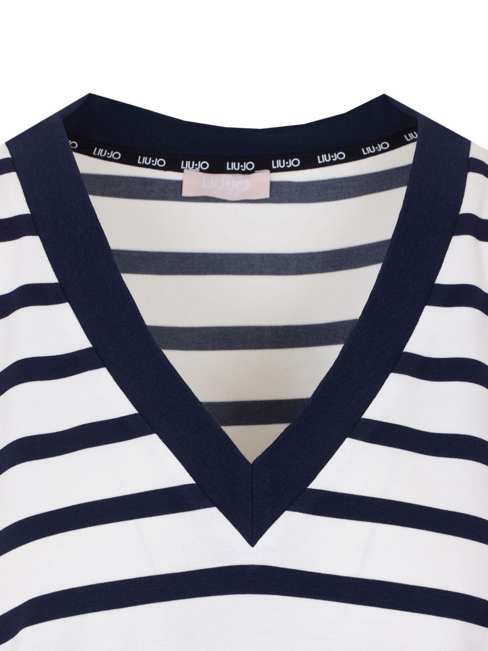 LIUJO T-shirt bianca e blu a scollo a V 