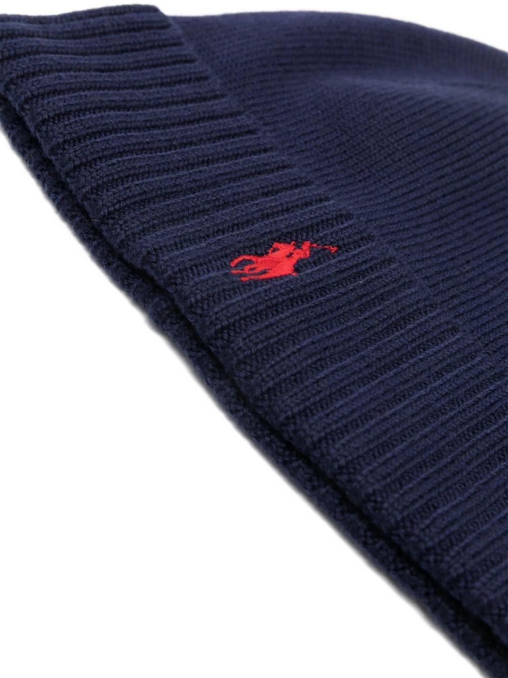 POLO RALPH LAUREN Berretto blu in lana con cavallino rosso 