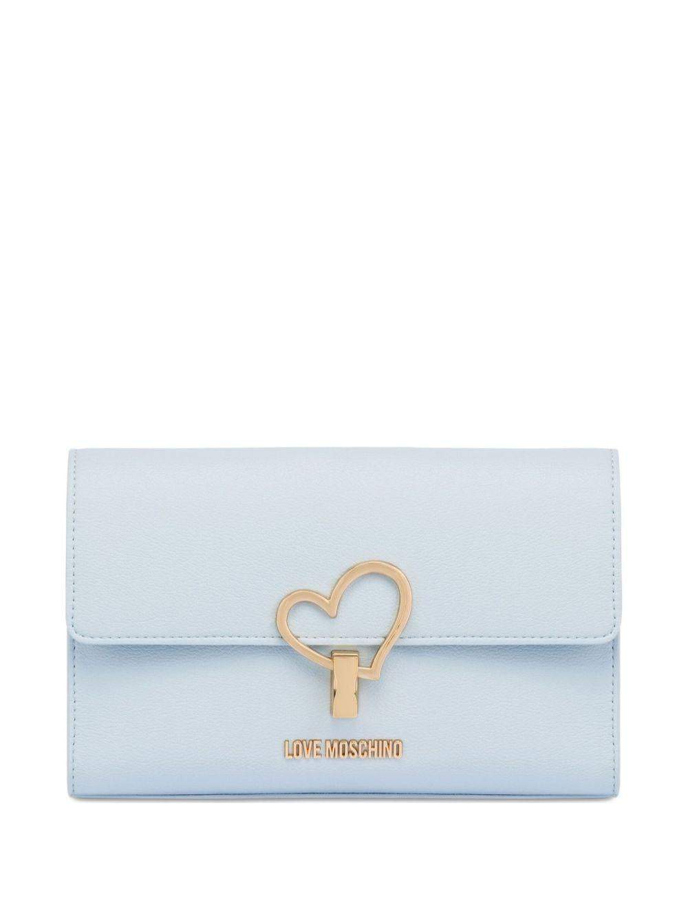 LOVE MOSCHINO Borsa a tracolla celeste in ecopelle con clip e placca dorata 