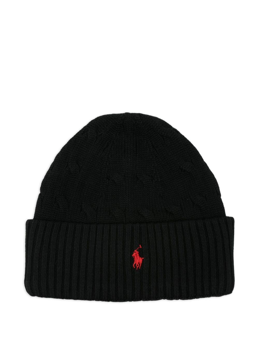 POLO RALPH LAUREN Berretto in cotone nero con logo rosso 