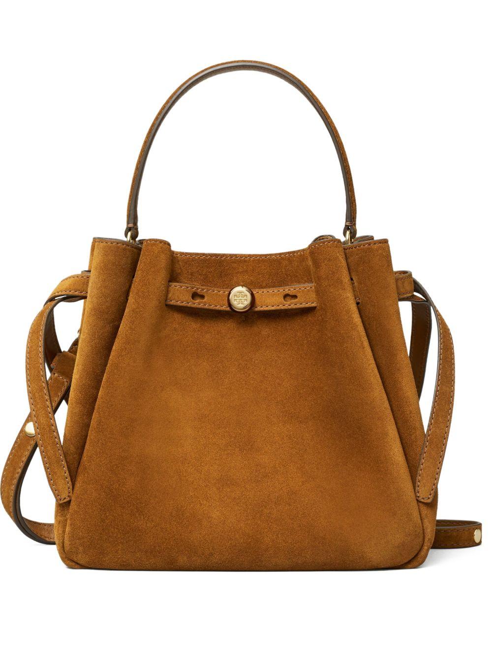 TORY BURCH Borsa a secchiello Romy in suede con tracolla e logo bottone 