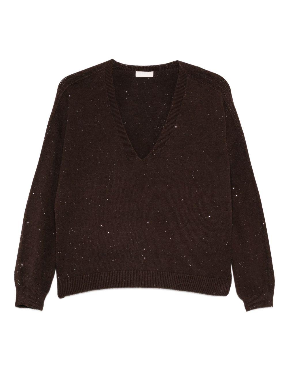 LIUJO Brown V-neck sweater with rhinestones 