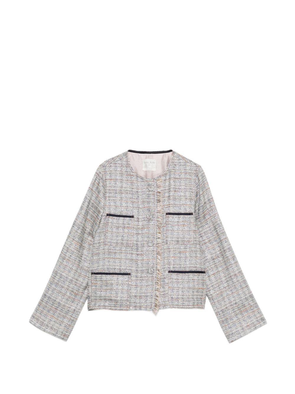 FORTE FORTE Giacca in tweed beige e multicolore con frange 