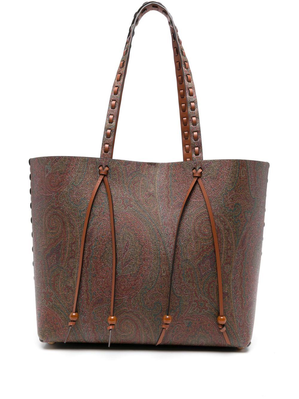 ETRO Borsa shopping in pelle di vitello marrone con stampa paisley 