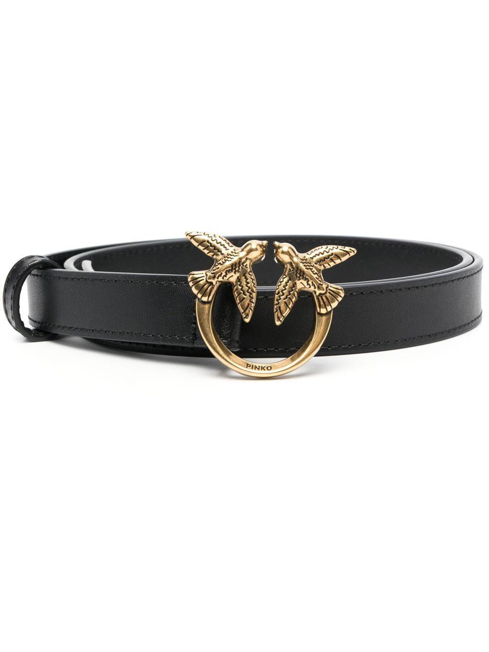 PINKO Cintura in pelle nera con logo oro 