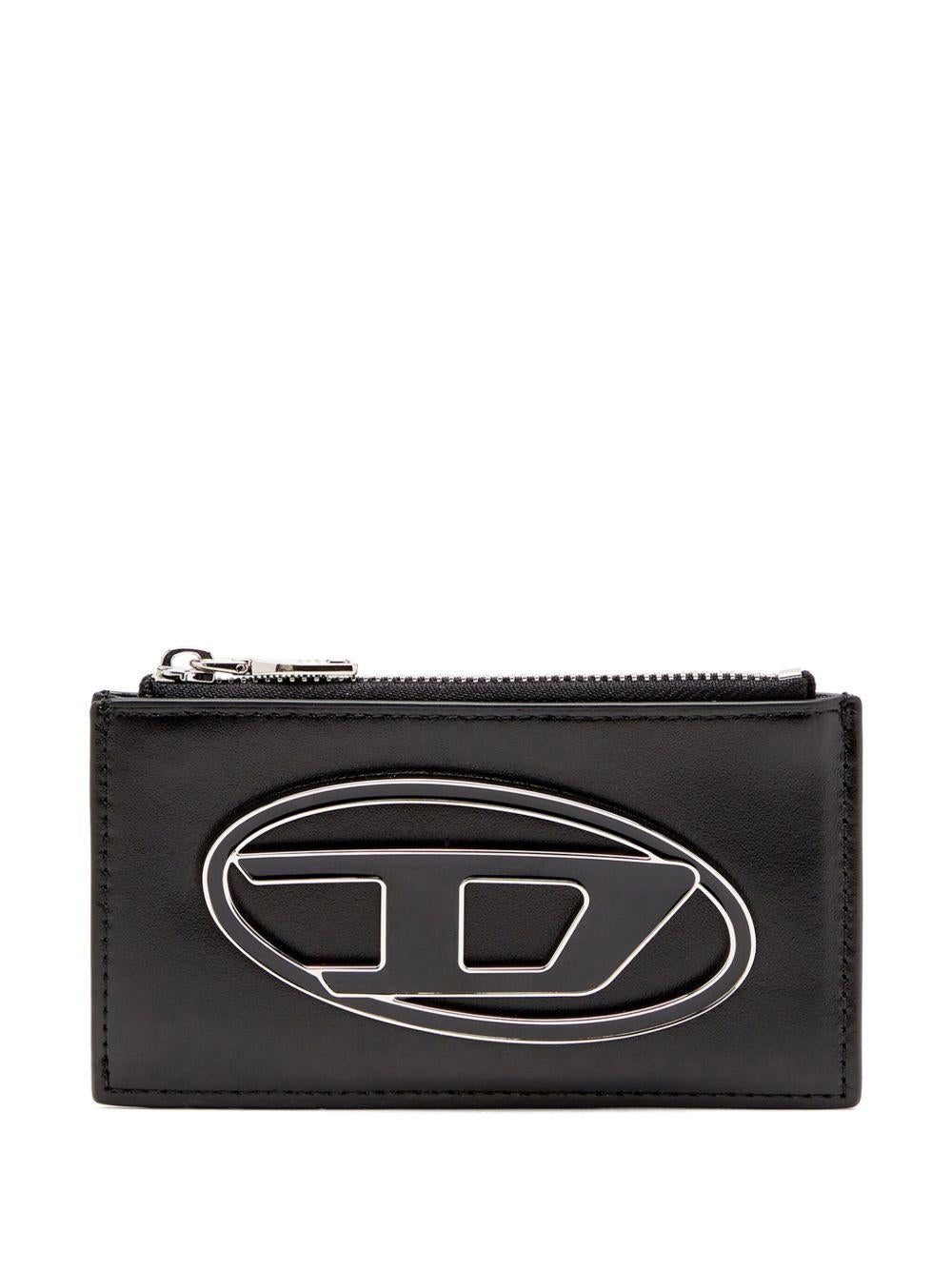 DIESEL Portacarte in pelle nera con placca logo 