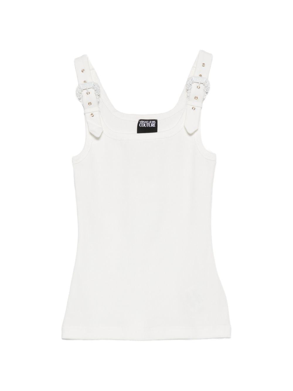 VERSACE JEANS COUTURE Top bianco in cotone con fibbie 