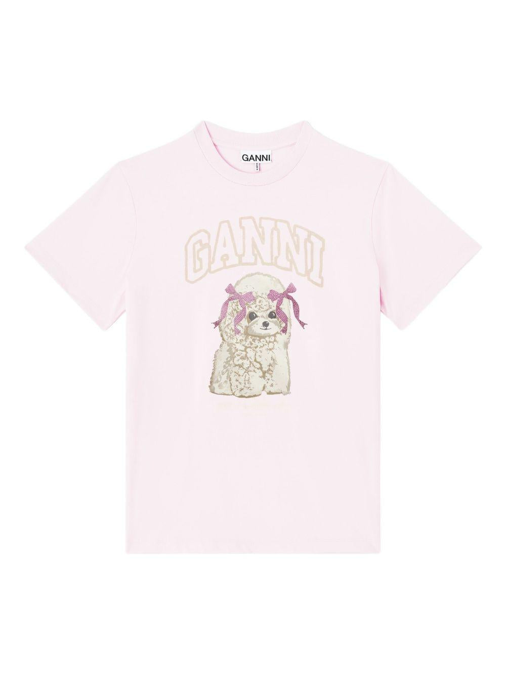 GANNI T-shirt rosa con stampa cane 