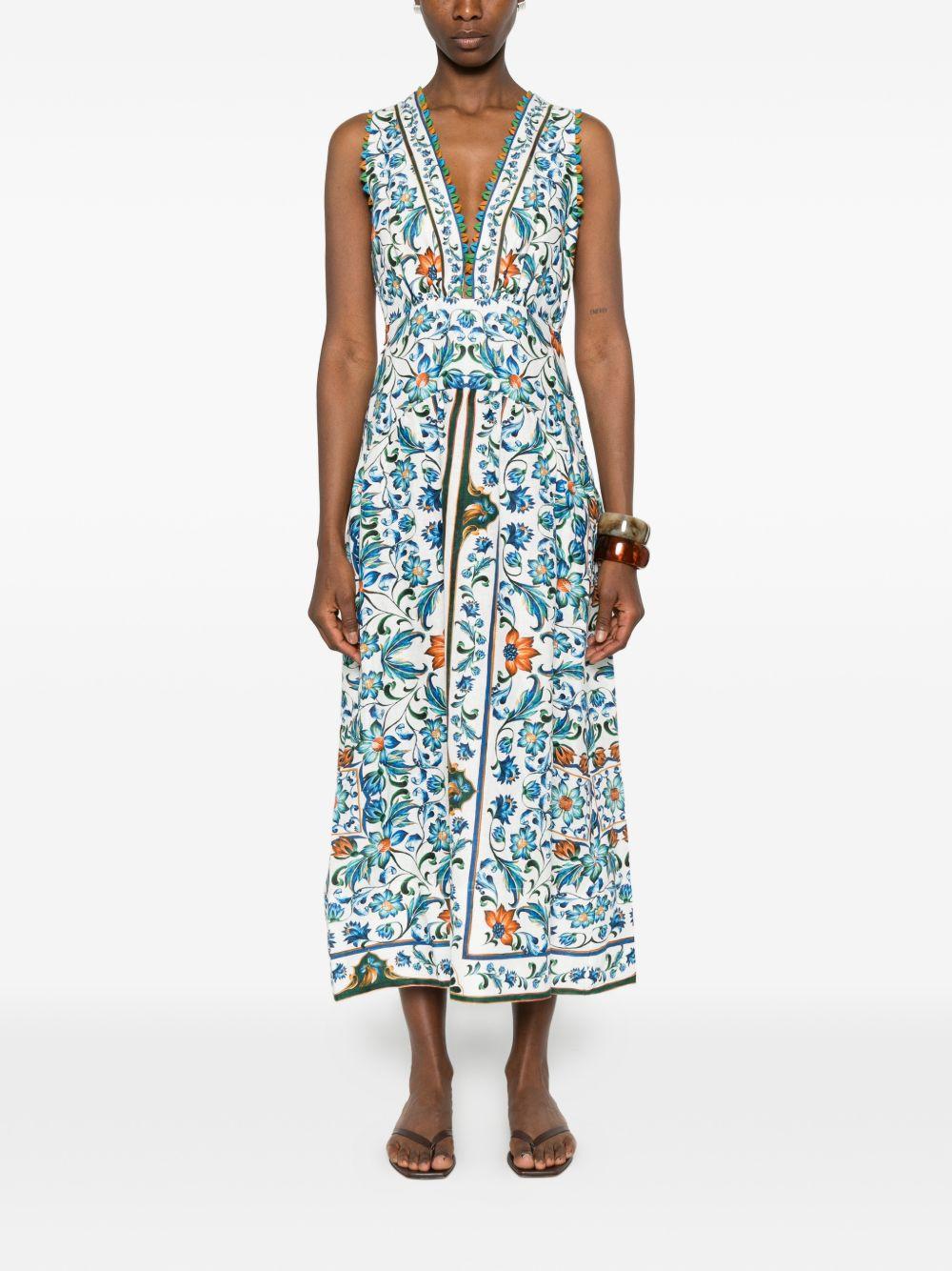 FARM RIO Abito midi con stampa floreale e scollo a V 
