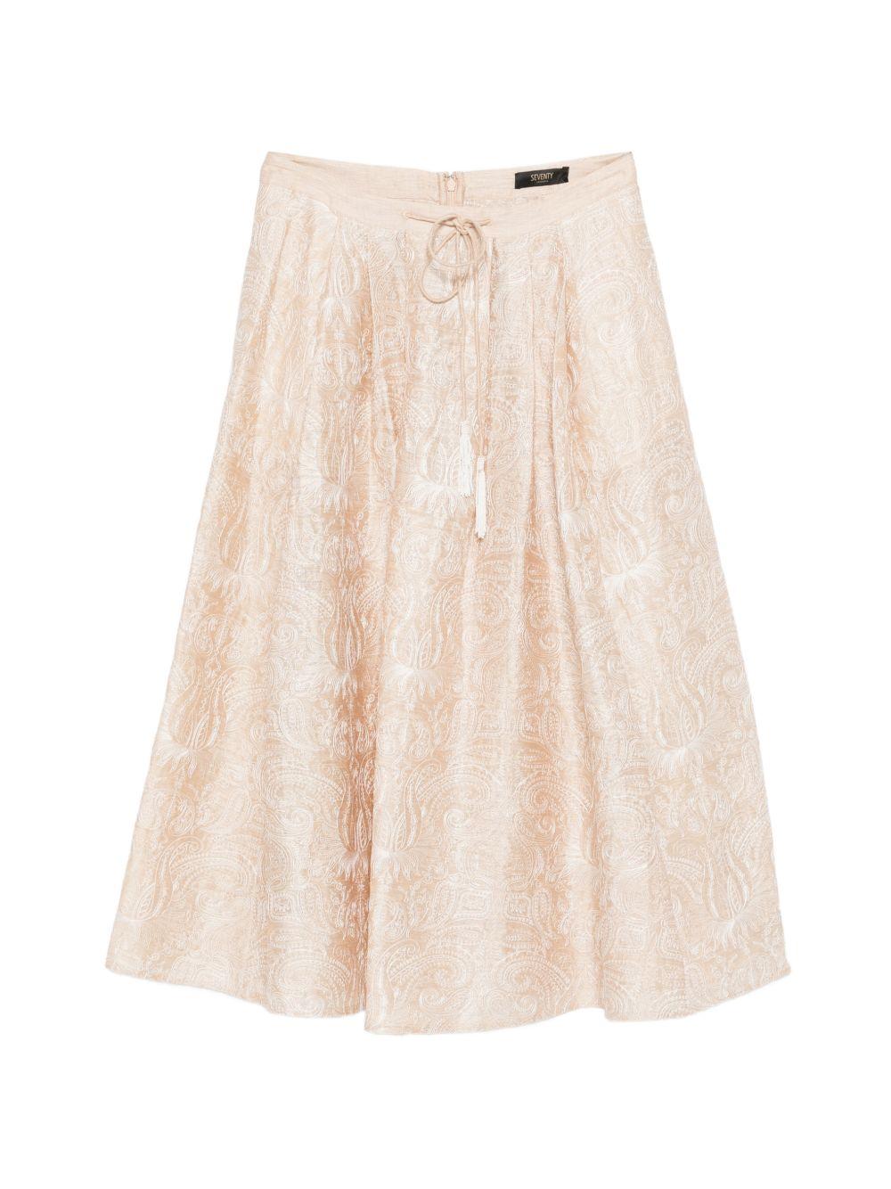 SEVENTY Gonna midi in lino e seta beige con stampa 