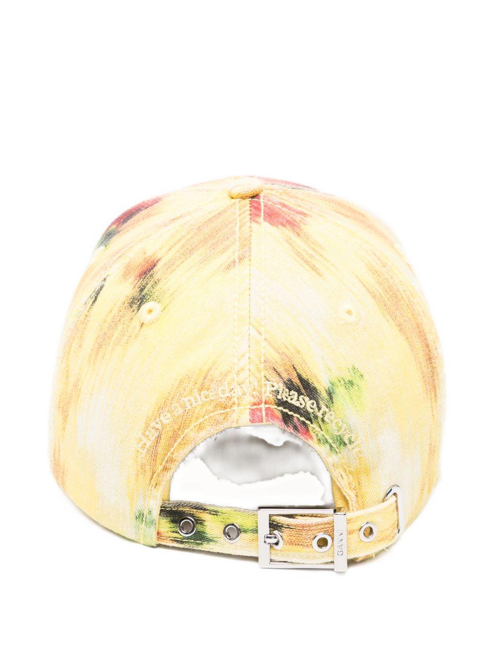 GANNI Cappello da baseball in cotone giallo con stampa florale 