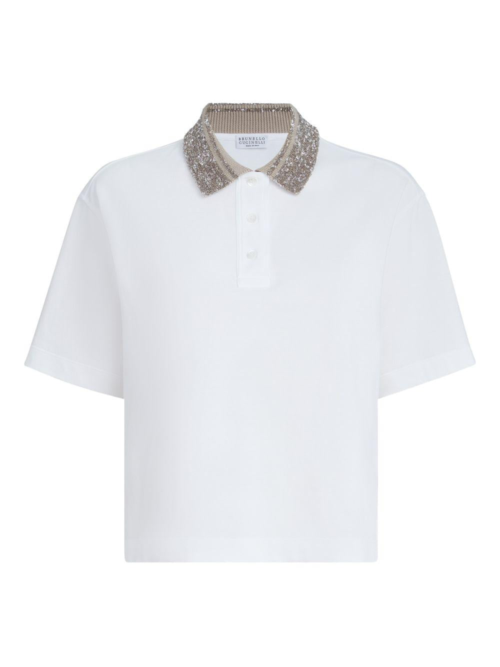 BRUNELLO CUCINELLI Polo in cotone bianco con colletto in maglia e paillettes 
