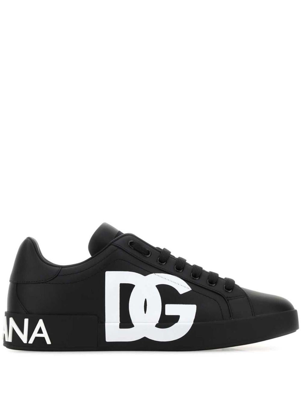 DOLCE e GABBANA Sneakers Portofino in pelle nera con logo bianco 